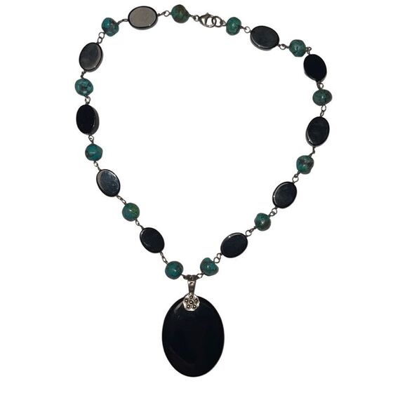 Authentic Lucas Lameth 925 Silver Natural Turquoise & Black Onyx Necklace - Picture 3 of 13